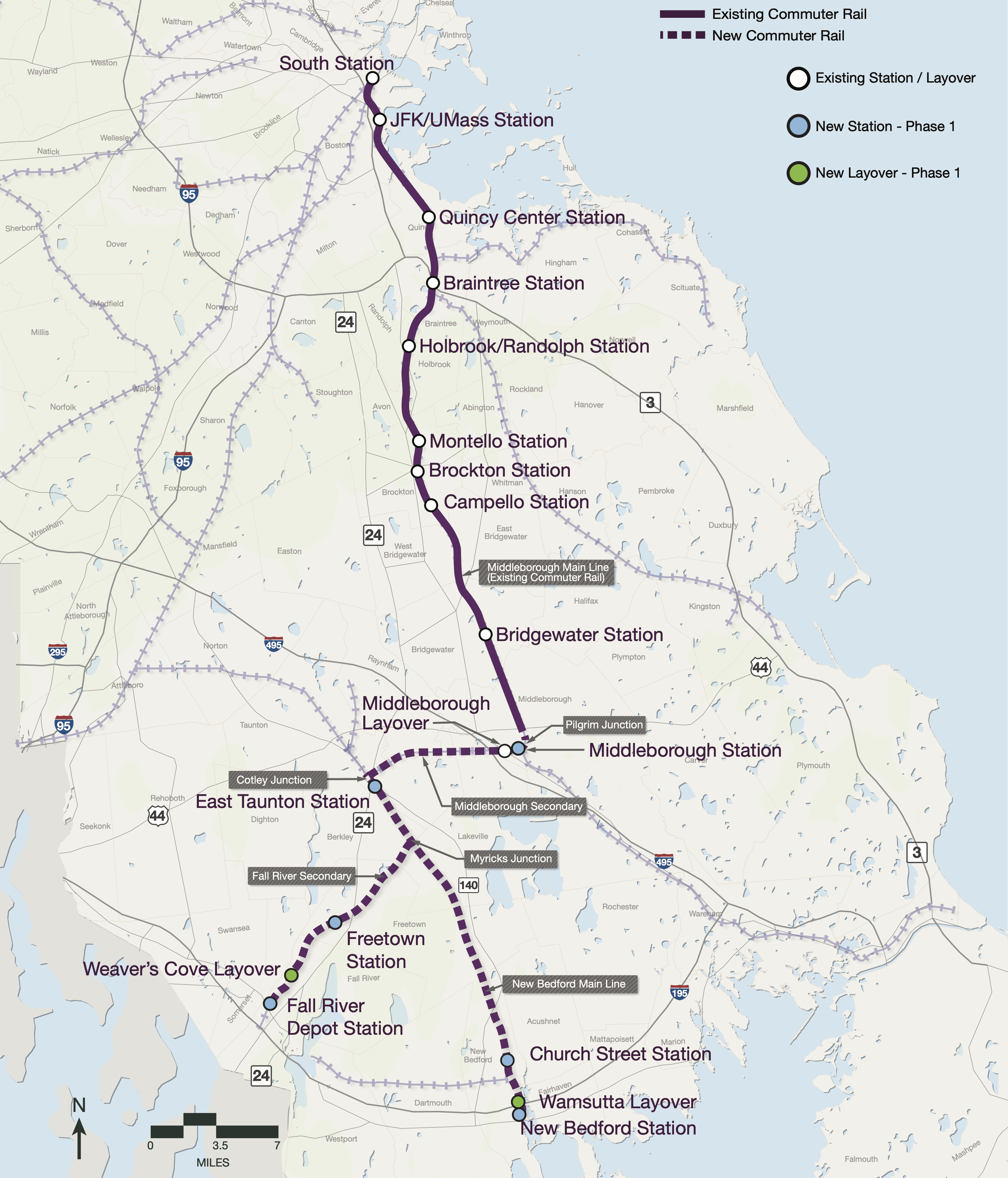 A map of SE Massachusetts highlighting the South Coast Rail route from Boston to Brockton to Fall River and New Bedford. The route follows a zig-zagged purple line that follows the existing Middleborough Line to Pilgrim Junction, then cuts on a straight westward line to a new East Taunton station, then the line branches in two directions, with one branch proceeding SE to New Bedford and another branch splitting SW to Freetown and New Bedford.